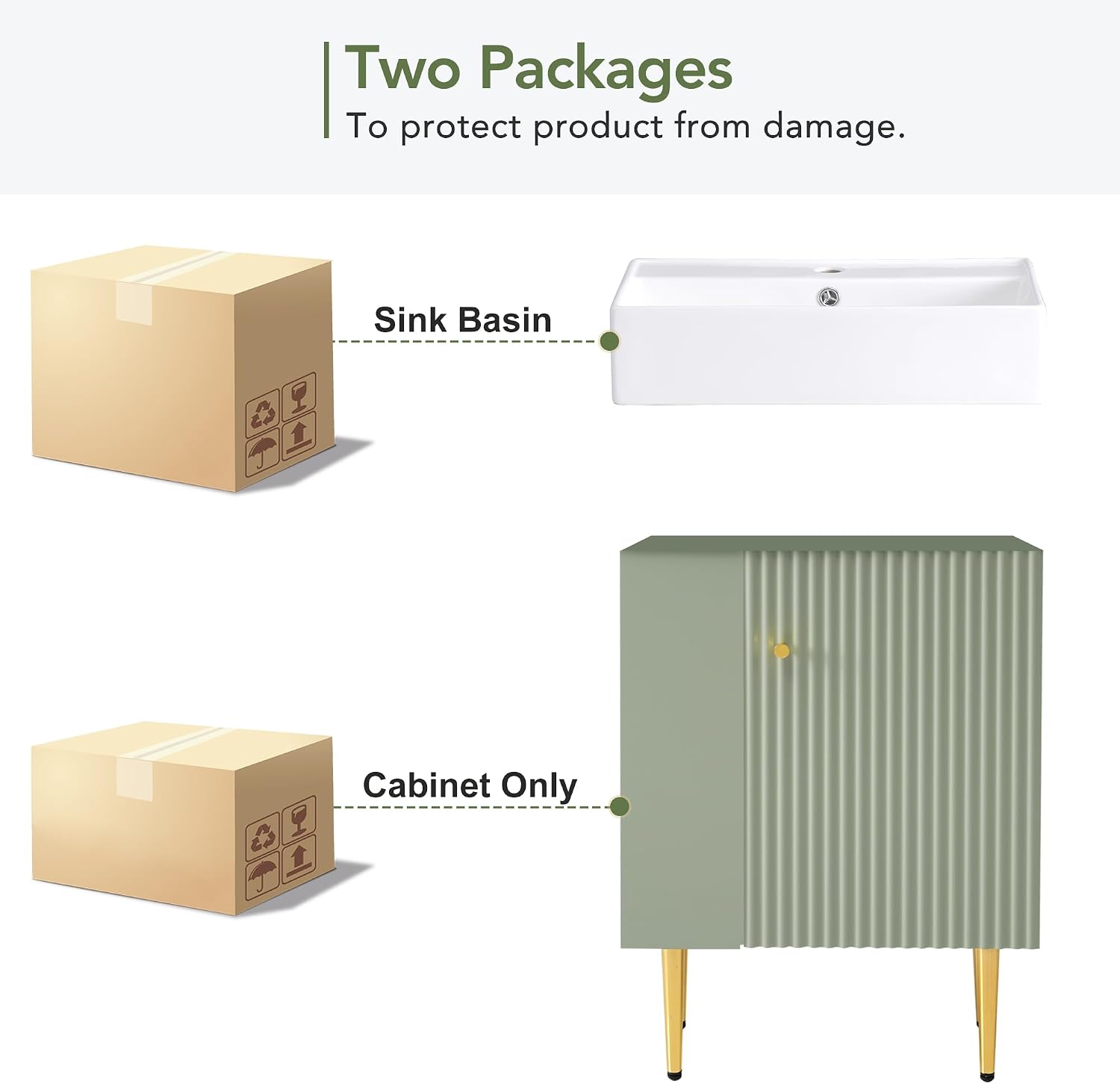 21.6-Inch Bathroom Vanity with Sink, Free Standing Vanity Cabinet with Storage Cabinet & Left Two-Tier Shelf, Solid Wood Bath Vanity Organizer with Ceramic Sink for Bathroom, Green