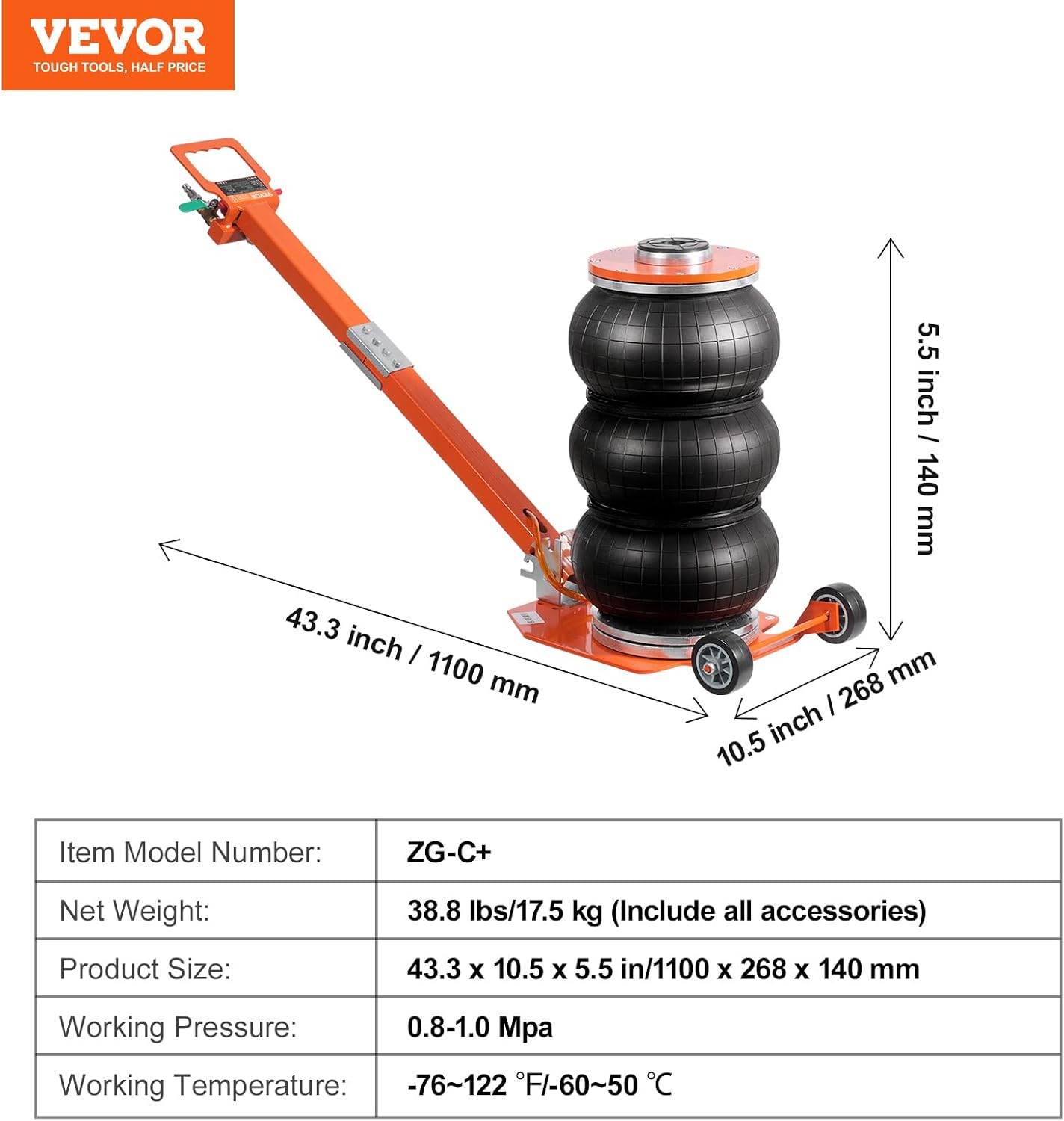VEVOR Air Jack, 3 Ton/6600 lbs Triple Bag Air Jack, with Heightened Column Lifting Up to 21.3 Inch & Adjustable Handle, with Thick Rubber Pad, 1-6S Lifting Pneumatic Bag Jack Fits for Car, SUV