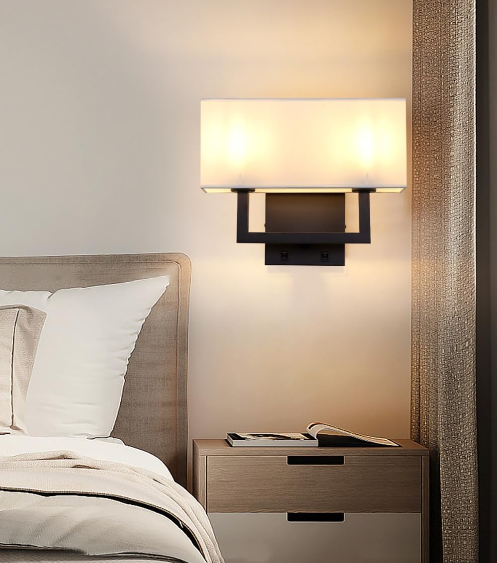 Yosoan Set of 2 Indoor Bedside Wall Sconce with On Off Switch, Modern Boho Interior Finish Brass 2-Light Vanity Vintage Industrial with Square White Fabric Shade for Reading Room Hallway(Black)