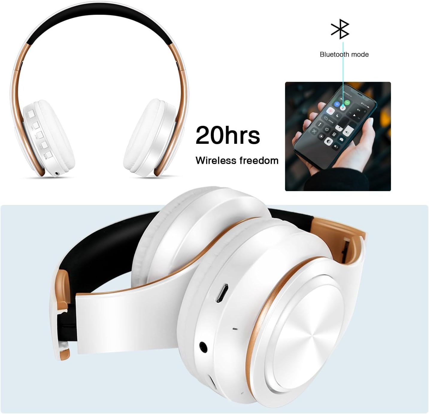 Bluetooth Headphones, Chat- Comfortable Over Ear Stereo Headphsets with Mic, Soft Earmuffs/Foldable/SD/TF, 20H Playtime, Great for Music/OFC/Tour/Gym/Game (10pcs Gold Colors)