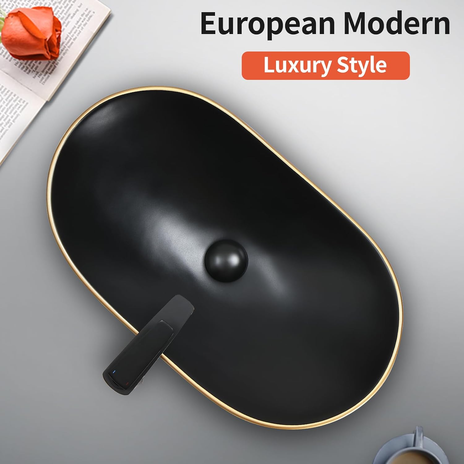 Davivy 24.5'' X 13.8'' Large Matte Black Oval Vessel Sink with Pop Up Drain,Bathroom Sinks Above Counter,Black Vessel Sink with Gold Trim,Ceramic Vessel Sinks for Bathrooms (Large)