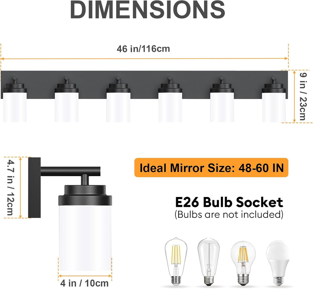IZORRO Bathroom Vanity Light Fixture, 6-Light 46 Inch Matte Black Bathroom Light Fixtures Over Mirror, with White Glass Shade, Modern Farmhouse Vanity Lights, Rustic Restroom Lighting Fixtures