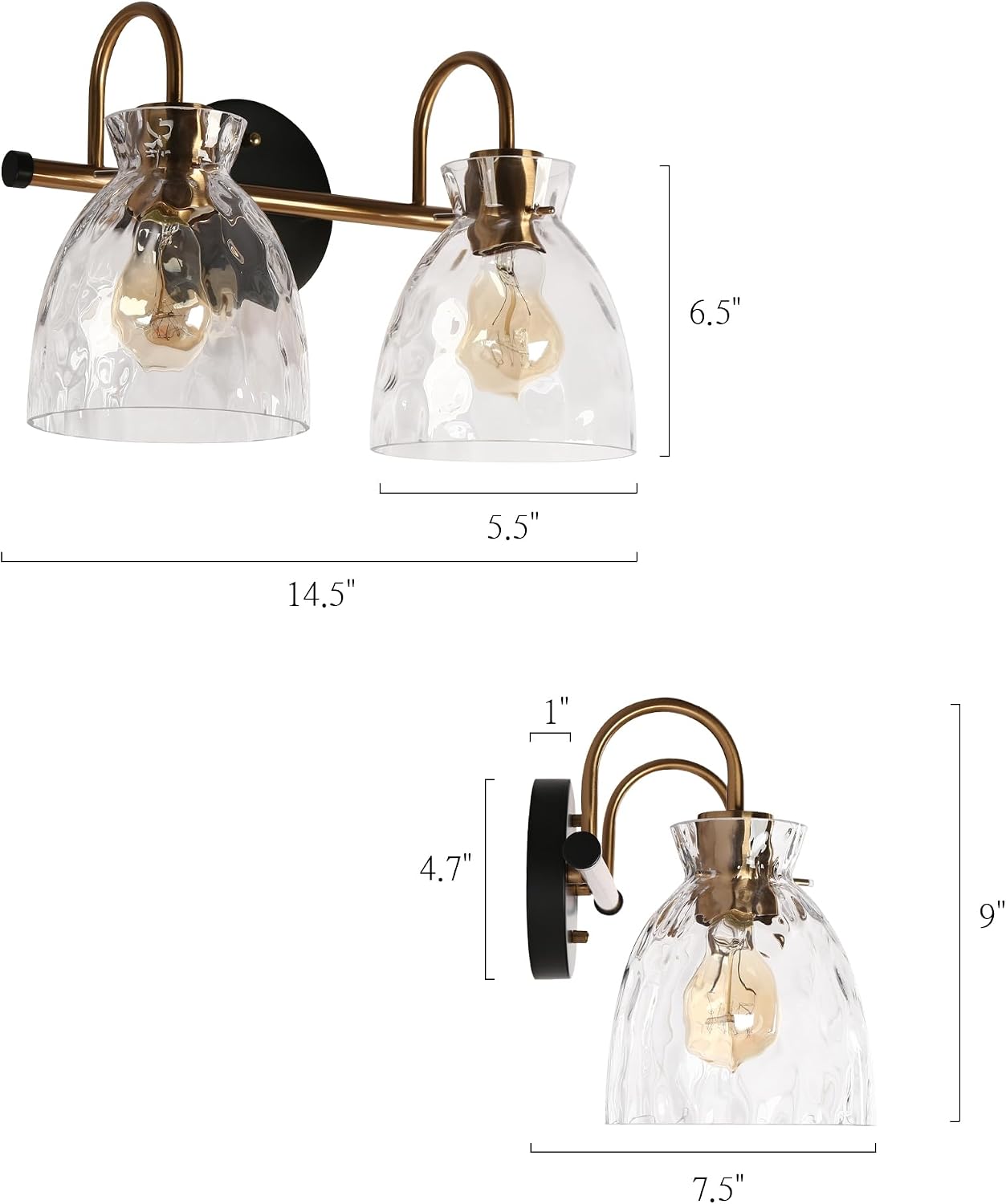 KSANA Modern Bathroom Vanity Lights, 2 Light Vanity Light Fixtures for Bathroom Black and Electroplated Brass Finish Mid-Century Wall Lamps with Water Ripple Glass