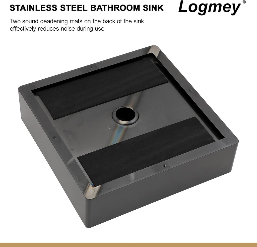 Logmey 15' Black Shallow Bathroom Vessel Sink 15x15 Square Handmade 16 Gauge Stainless Steel Above Counter 4 Inch Deep RV Bathroom Sink Sinks with Pop up Drain Set