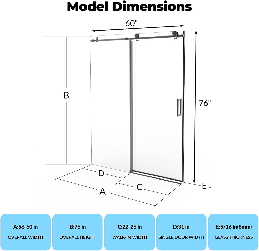 Frameless Sliding Glass Shower Door 56–60 Inch W x 76 Inch H – Single Sliding Door with Fixed Panel, 8mm Tempered Glass, Stainless Steel Round Rail, Matte Black