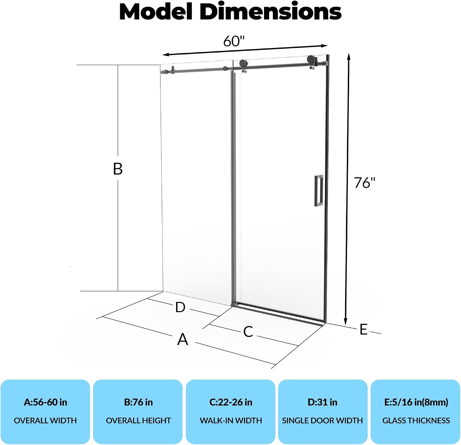 Frameless Sliding Glass Shower Door 56–60 Inch W x 76 Inch H – Single Sliding Door with Fixed Panel, 8mm Tempered Glass, Stainless Steel Round Rail, Matte Black