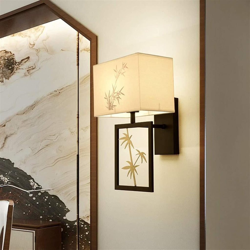 Bedroom Bedside Lamp Wall Lamp Indoor Toilet Modern Chinese Style Simple Black Wrought Iron Fixtures Bamboo Pattern Fabric Lampshade 1 Light Source Three-Color Light Wall Lamp Aisle Stairs Corrido