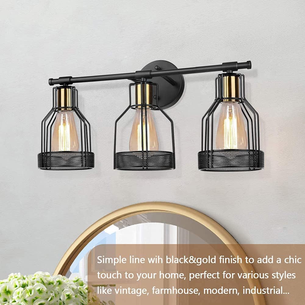 E26 3 Heads Wrought Iron Wall Lights Industrial Lighting, Bathroom Indoor Cage Light Fixture, Metal Shade with Black FinishApply to Living Room Restaurant Cafe Corridor