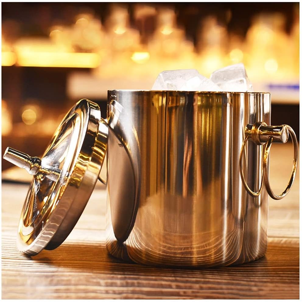 Ice Bucket,Tub Stainless Steel Bar Cooler Freezer with Lid Wine Bucket with Earrings Insulation Bucket Ice Filter 2L/Silver