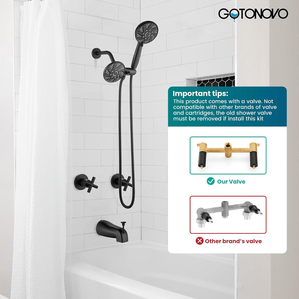 gotonovo 2 Handle Tub Shower Faucet Set Bathtub and Shower Faucet Combo Dual Shower Head and Handle Set Tub Shower Trim Kit Shower System with Tub Spout Wall Mount Matte Black