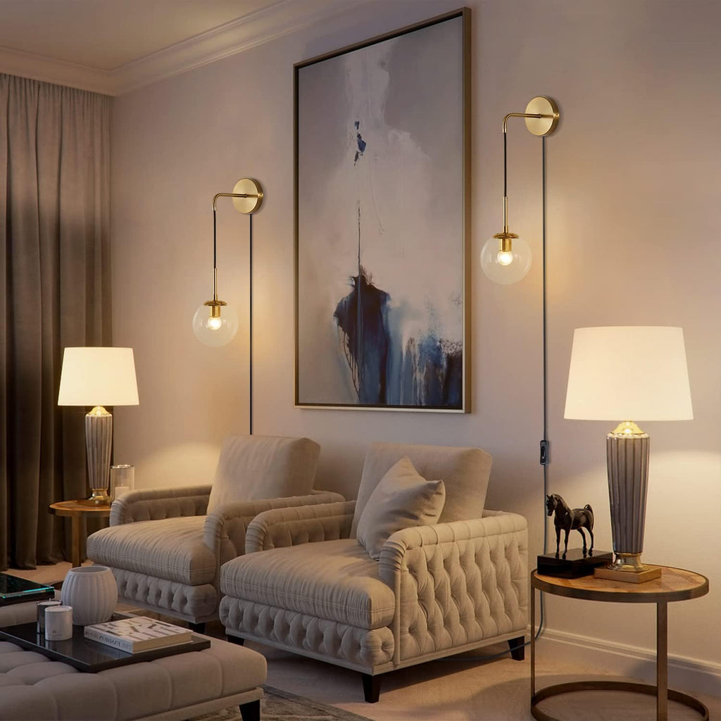 BOKT Mid Century Modern Globe Wall Sconce Lighting Set of Two Plug in Brushed Brass Gold Bathroom Wall Light Set of 2 Plug in Cord Clear Bubble Glass Ball Bedroom Wall Lamp(Clear)