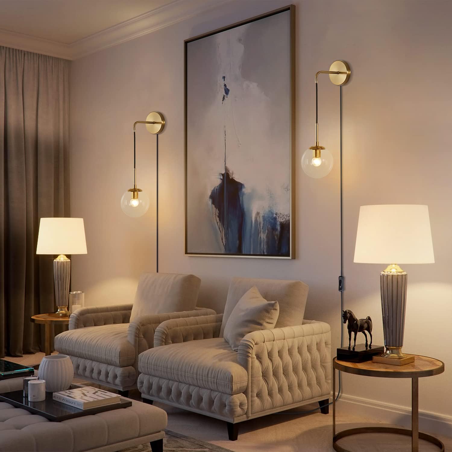BOKT Mid Century Modern Globe Wall Sconce Lighting Set of Two Plug in Brushed Brass Gold Bathroom Wall Light Set of 2 Plug in Cord Clear Bubble Glass Ball Bedroom Wall Lamp(Clear)