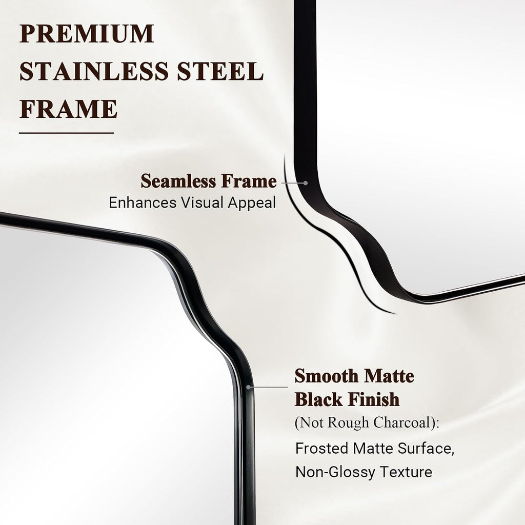 ANDY STAR 30x30 Inch Square Mirror, Matte Black Vanity Mirror, Modern Scalloped Bathroom Mirror in Premium Stainless Steel Metal Thin Frame, Unique Rounded Notched Corners