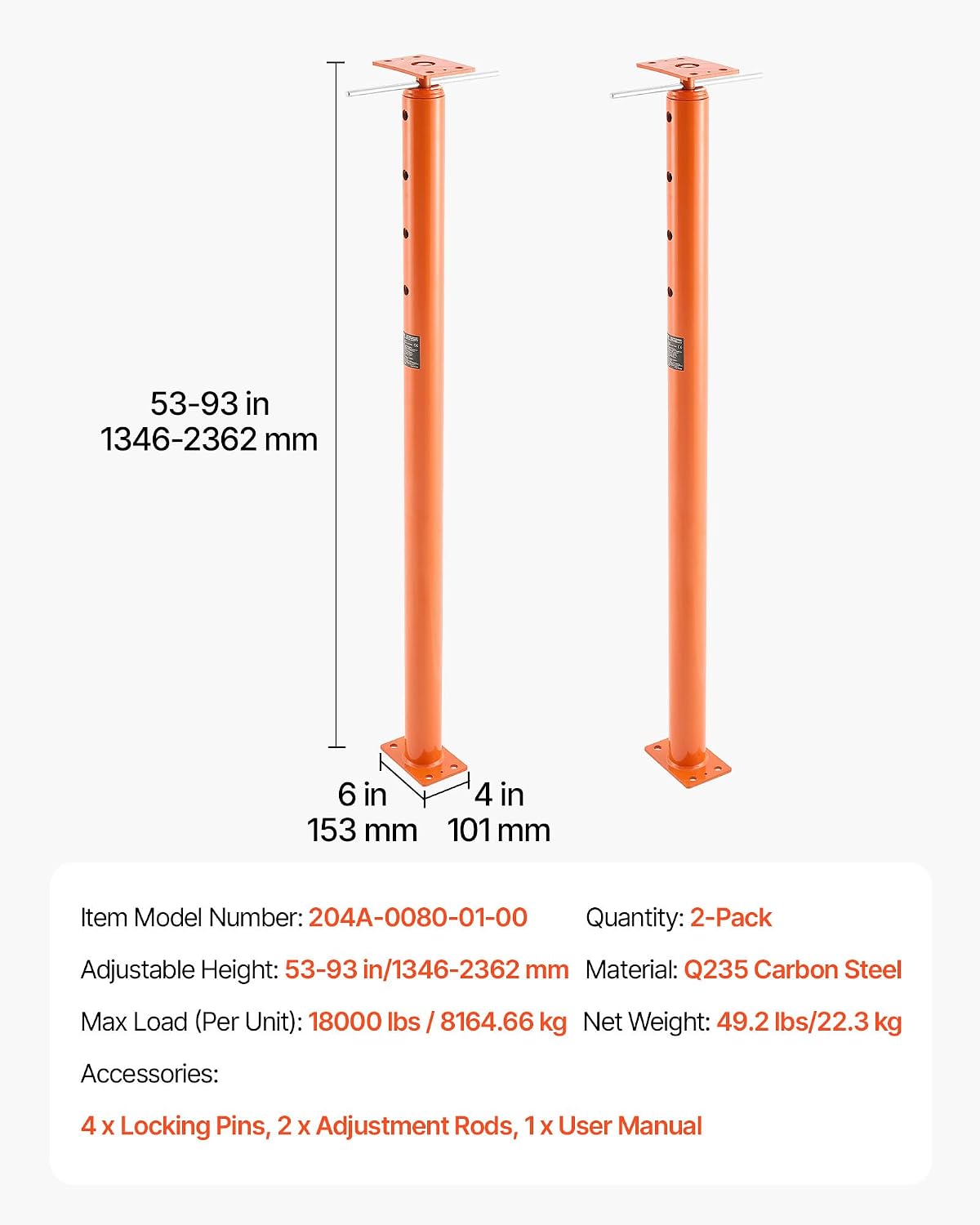 VEVOR House Floor Jacks, 2 Pack 53-93 Inch Height Range, 18000 lbs Max Load Capacity, Adjustable Support Beam Basement Jack Post Pole for Leveling, Lift Steel Telescoping Post for Temporary Support