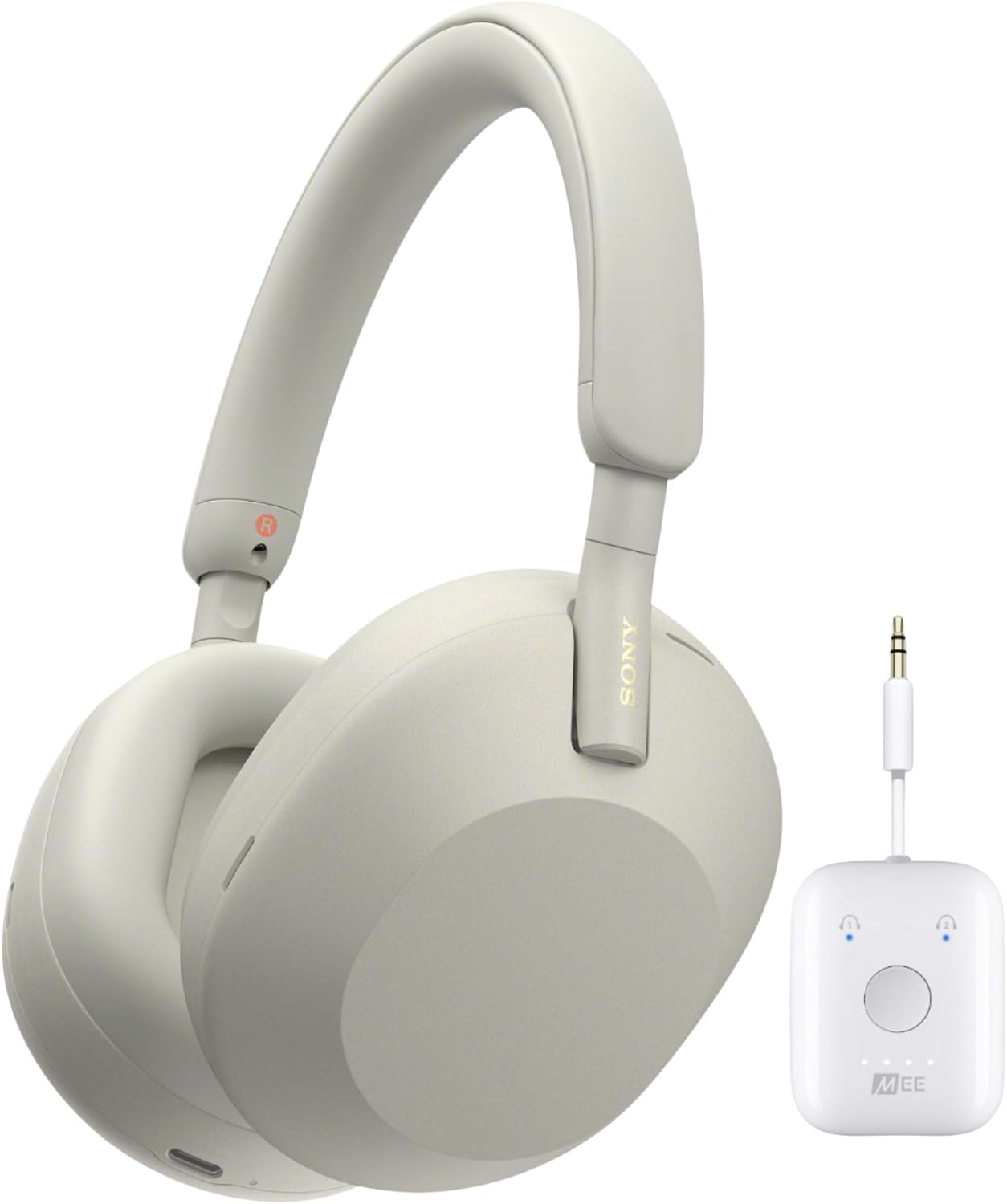Sony WH-1000XM5 Wireless Noise Canceling Over-Ear Headphones (Silver) Bundle with Bluetooth Audio Transmitter (2 Items)