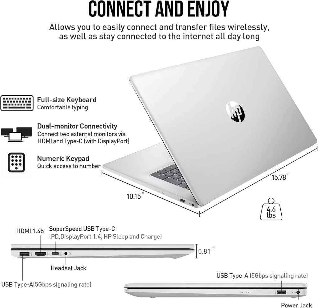 HP 17 Inch Laptop Computer, 17.3' FHD IPS Business Laptop PC, Intel Core 7 (10-Cores, Beats i7-1355U), Windows 11 Pro 16GB RAM 512GB SSD, 10-Key Number Pad, for Business & Home