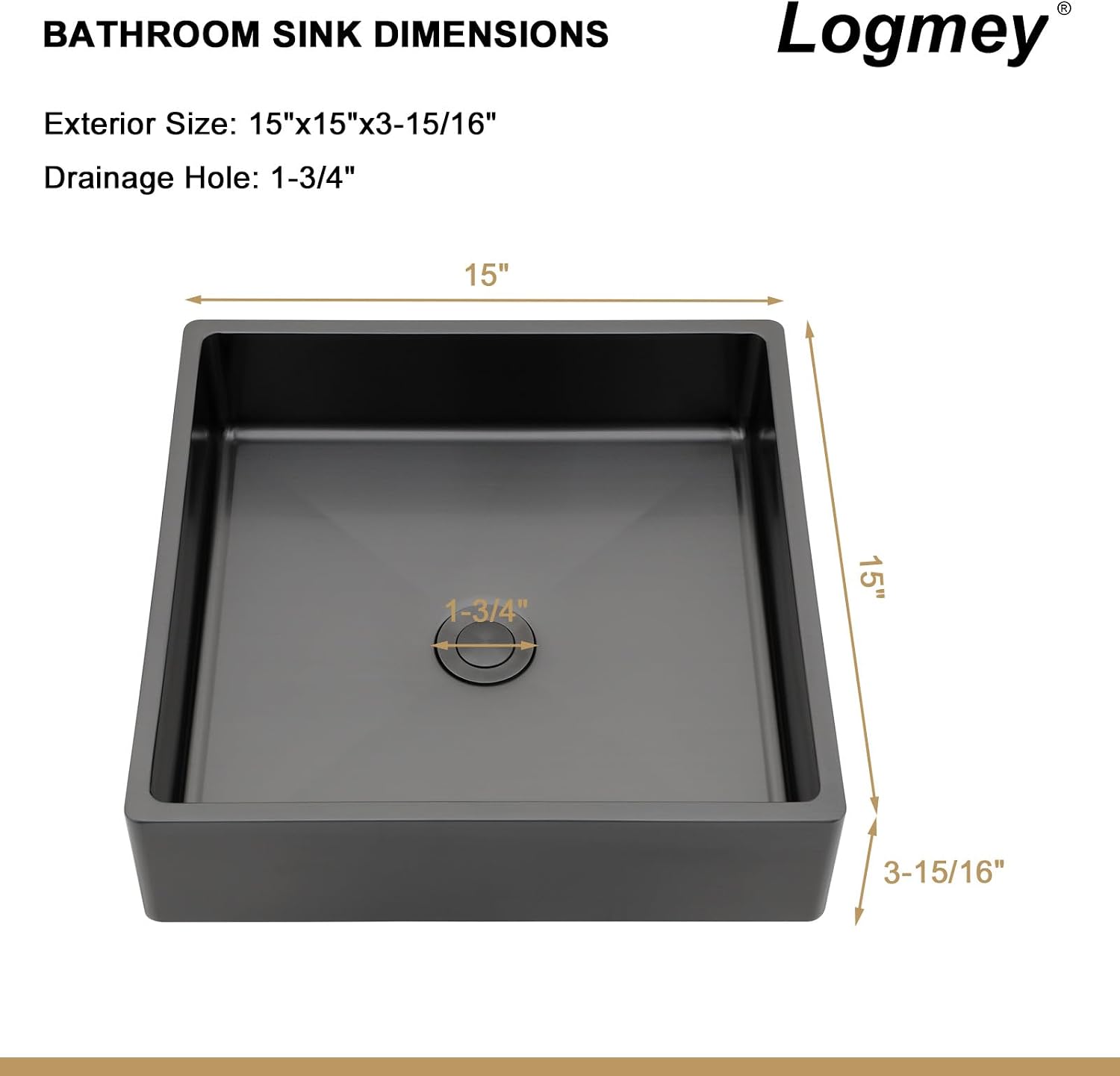 Logmey 15' Black Shallow Bathroom Vessel Sink 15x15 Square Handmade 16 Gauge Stainless Steel Above Counter 4 Inch Deep RV Bathroom Sink Sinks with Pop up Drain Set