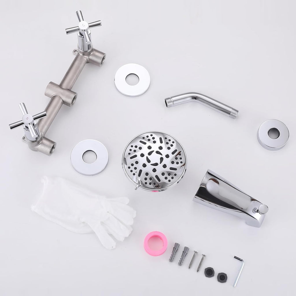 2 Handles Shower Faucet Set with Tub Spout,Bath Tub Shower Faucet Combo Set,2 Knobs Complete Tub and Shower Trim Kit with Valve,Wall Mounted,Chrome