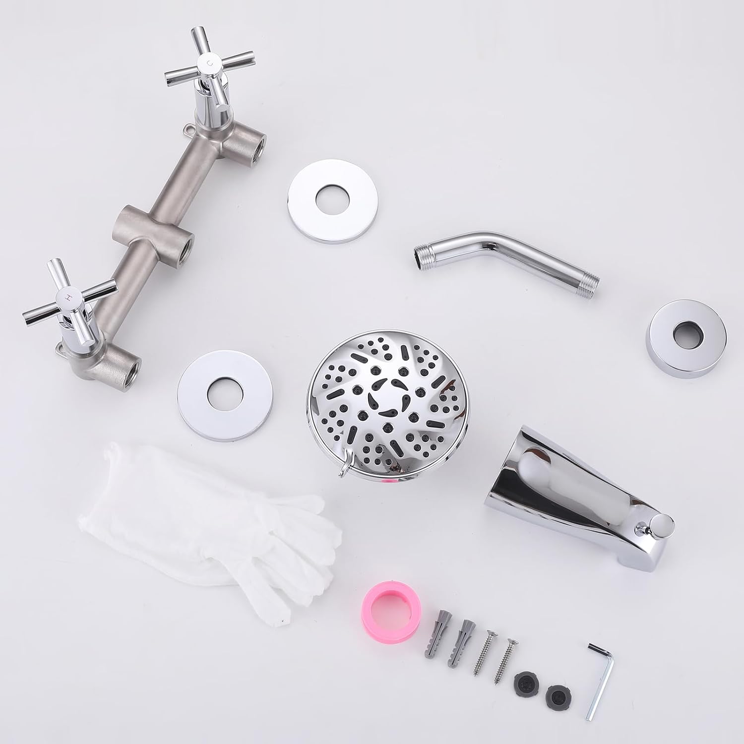 2 Handles Shower Faucet Set with Tub Spout,Bath Tub Shower Faucet Combo Set,2 Knobs Complete Tub and Shower Trim Kit with Valve,Wall Mounted,Chrome