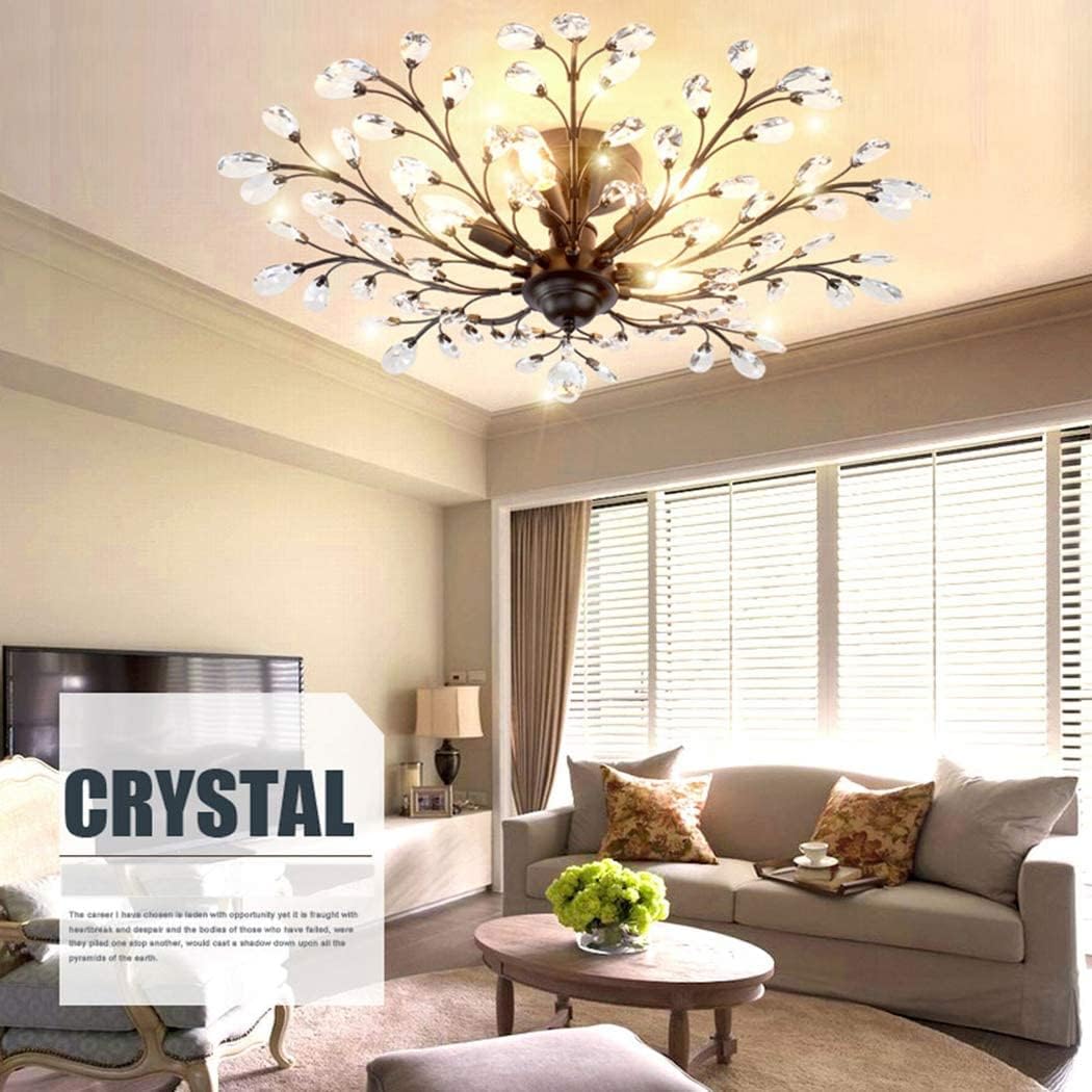 Chandeliers, V-intage Crystal Branches Chandelier Wrought Iron Ceiling Light Flush Mounted Fixture with 4 Light for Living Room Bathroom Bar Loft Club(Black)