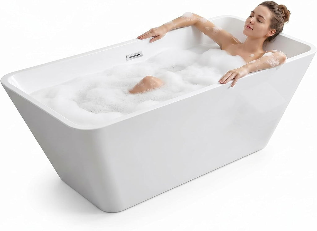 66' Acrylic Freestanding Soaking Bathtub, Matte Drain & Black Overflow, Modern Design Tub for Home Bathroom Renovations, Glossy White