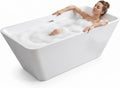 66' Acrylic Freestanding Soaking Bathtub, Matte Drain & Black Overflow, Modern Design Tub for Home Bathroom Renovations, Glossy White