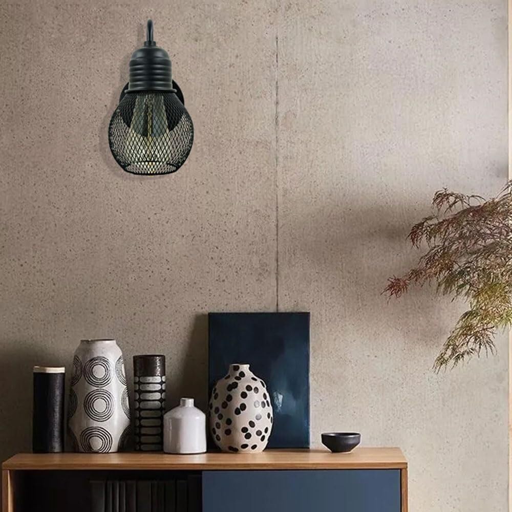 Wall Sconces for Bedroom Bathroom Mirror Light Black Wrought Iron Wall Lamp Personality Hollow Bedside Industrial Wind Small Iron Cage Light Bulb Lighting Fixture