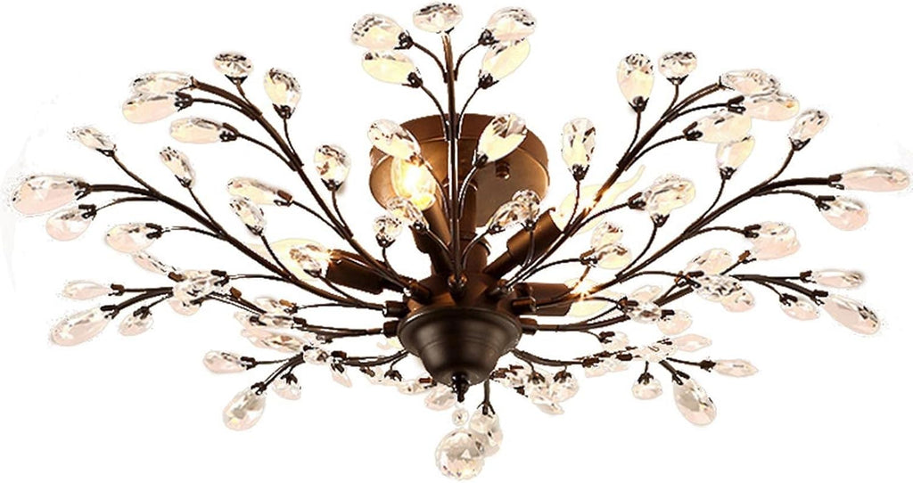 Chandeliers, V-intage Crystal Branches Chandelier Wrought Iron Ceiling Light Flush Mounted Fixture with 4 Light for Living Room Bathroom Bar Loft Club(Black)
