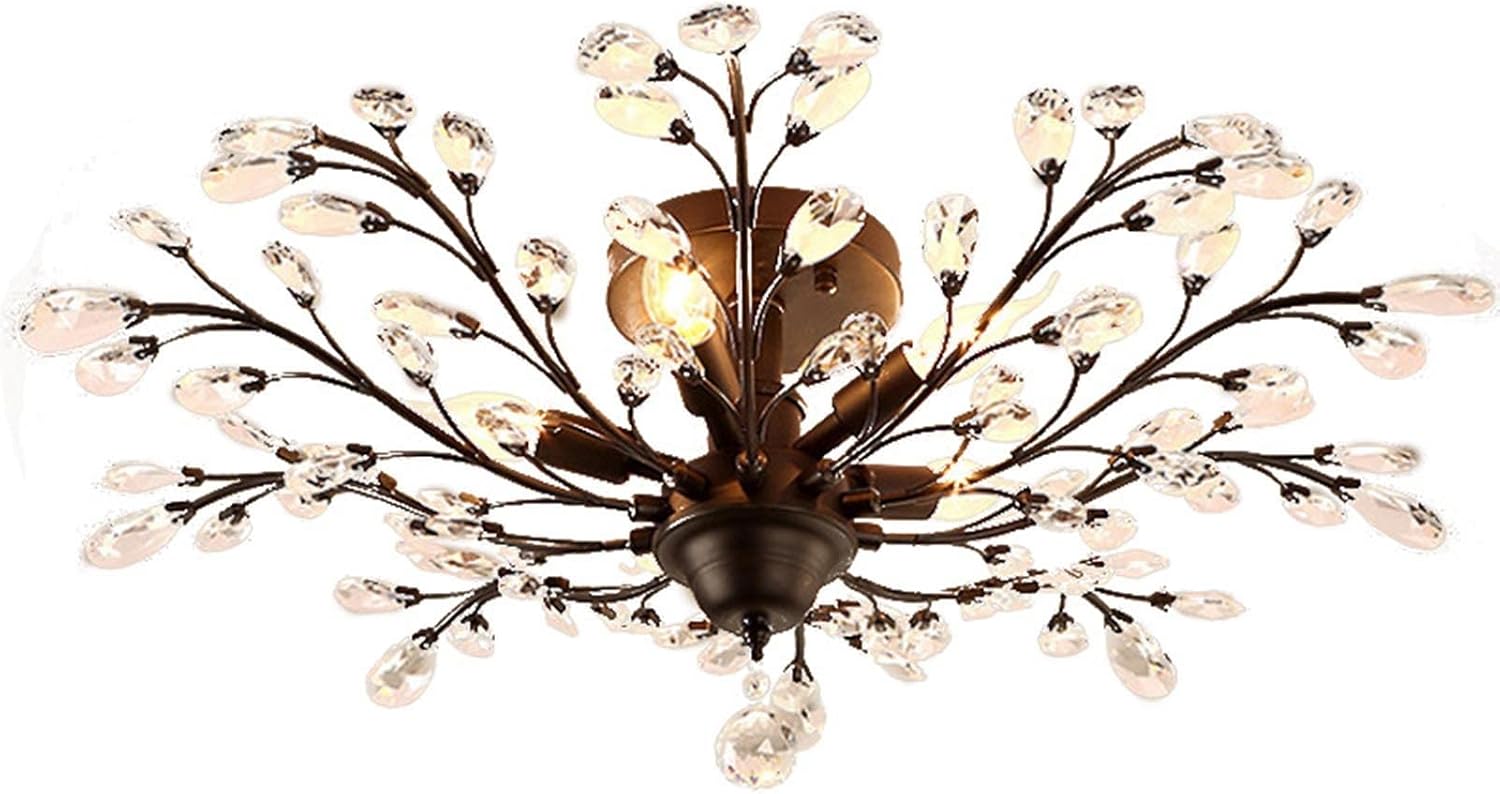 Chandeliers, V-intage Crystal Branches Chandelier Wrought Iron Ceiling Light Flush Mounted Fixture with 4 Light for Living Room Bathroom Bar Loft Club(Black)