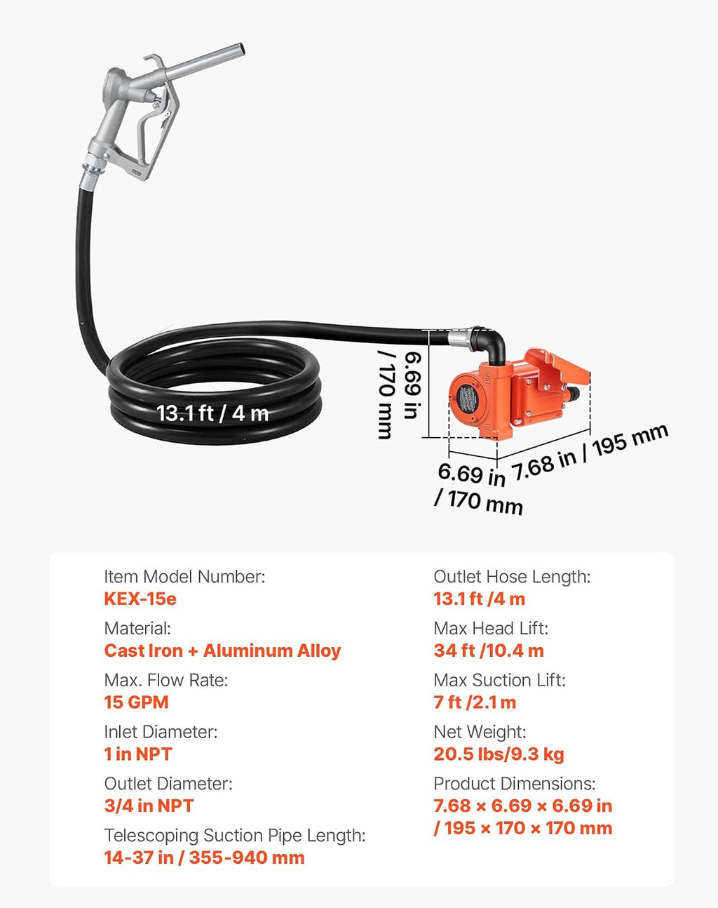 VEVOR Fuel Transfer Pump, 12V DC 15 GPM, Cast Iron Diesel Transfer Pump Kit, with Manual Nozzle, Discharge Hose, Overheat Protection, Power Cable, Explosion-Proof, for Gasoline Diesel Kerosene & More