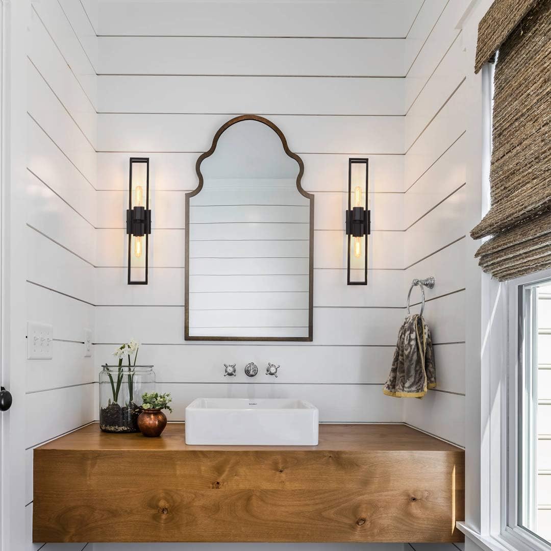 Two Bulb Metal Frame Wall Scones Square Symmetrical Structured Rectangular Vanity Wall Light Bathroom Gallery Entry Salon (Black)