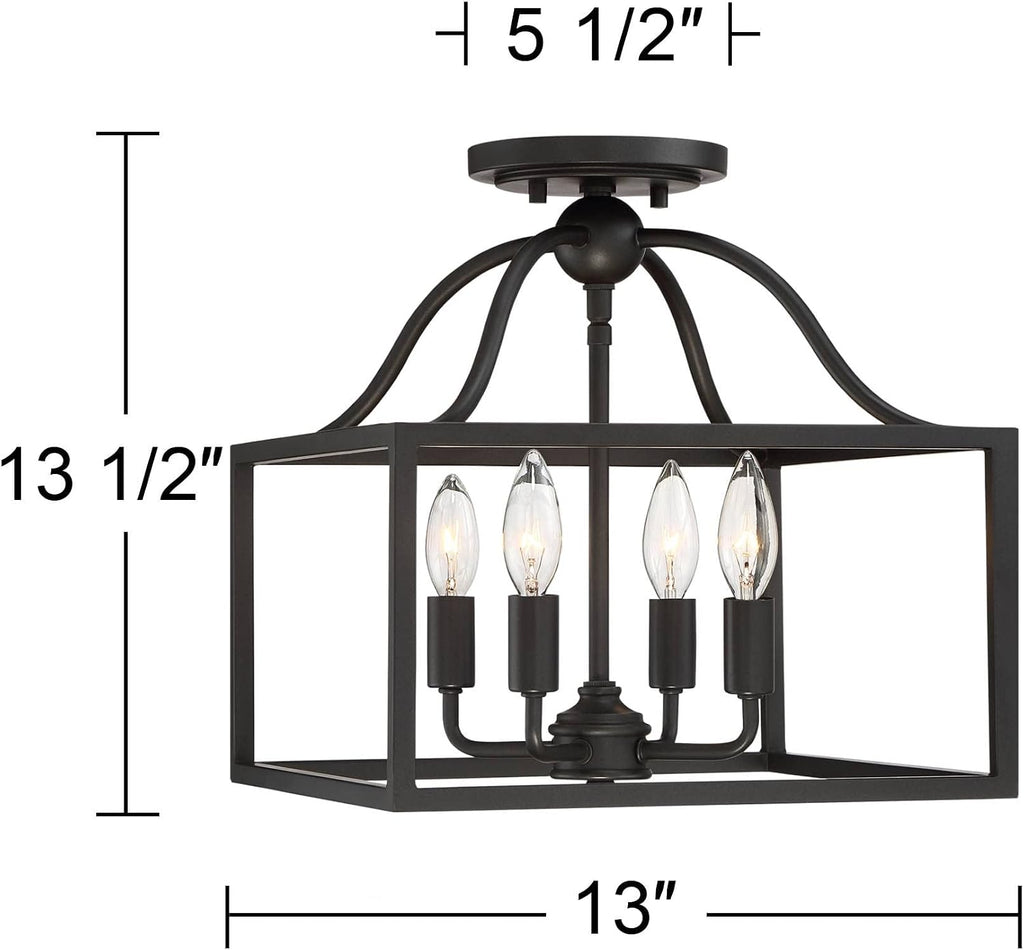 Franklin Iron Works Elle Farmhouse Rustic Close to Ceiling Light Semi-Flush Mount Fixture Black 13' Wide 4-Light Open Square Cage for House Bedroom Hallway Living Room Bathroom Dining Kitchen