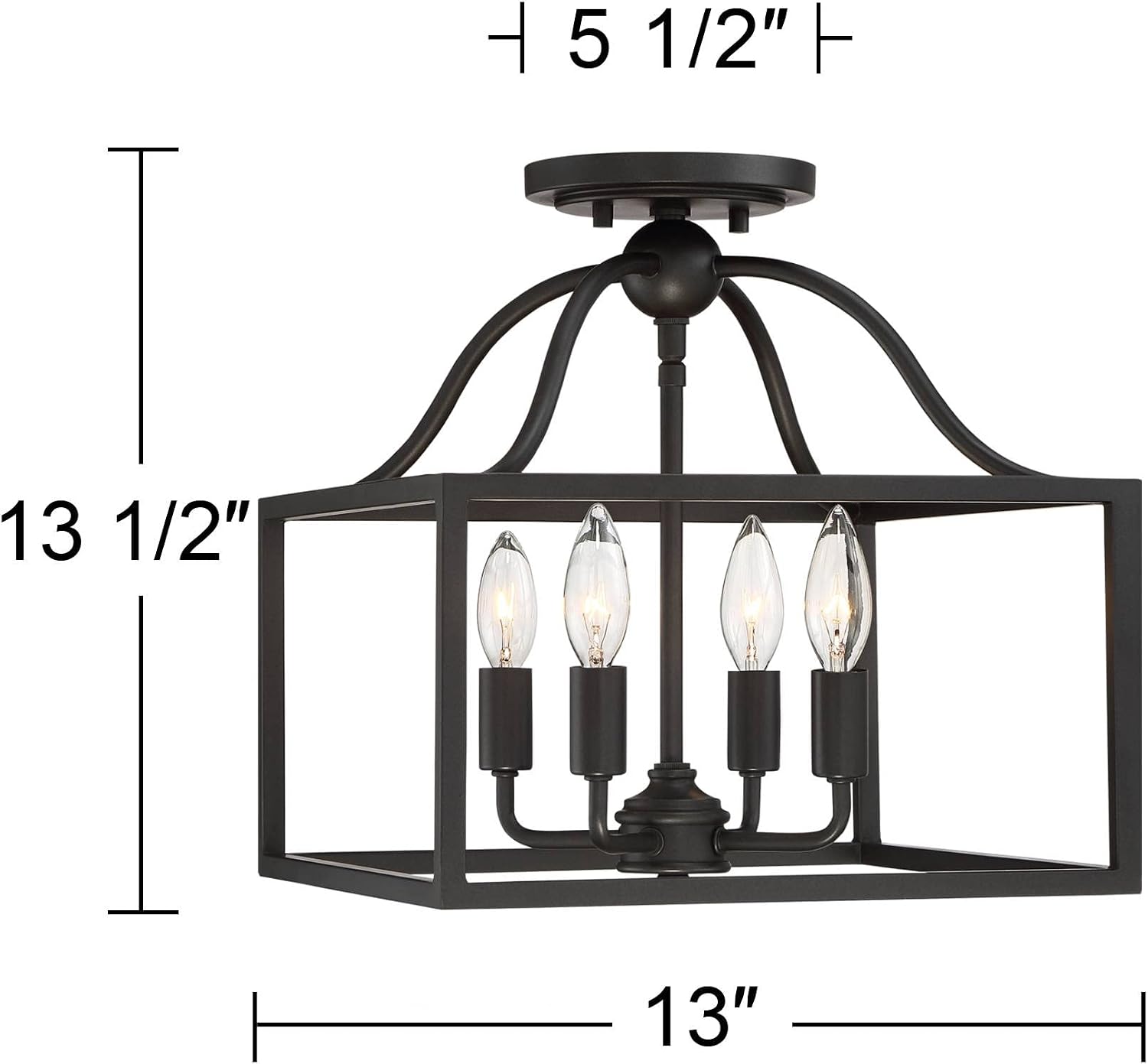 Franklin Iron Works Elle Farmhouse Rustic Close to Ceiling Light Semi-Flush Mount Fixture Black 13' Wide 4-Light Open Square Cage for House Bedroom Hallway Living Room Bathroom Dining Kitchen