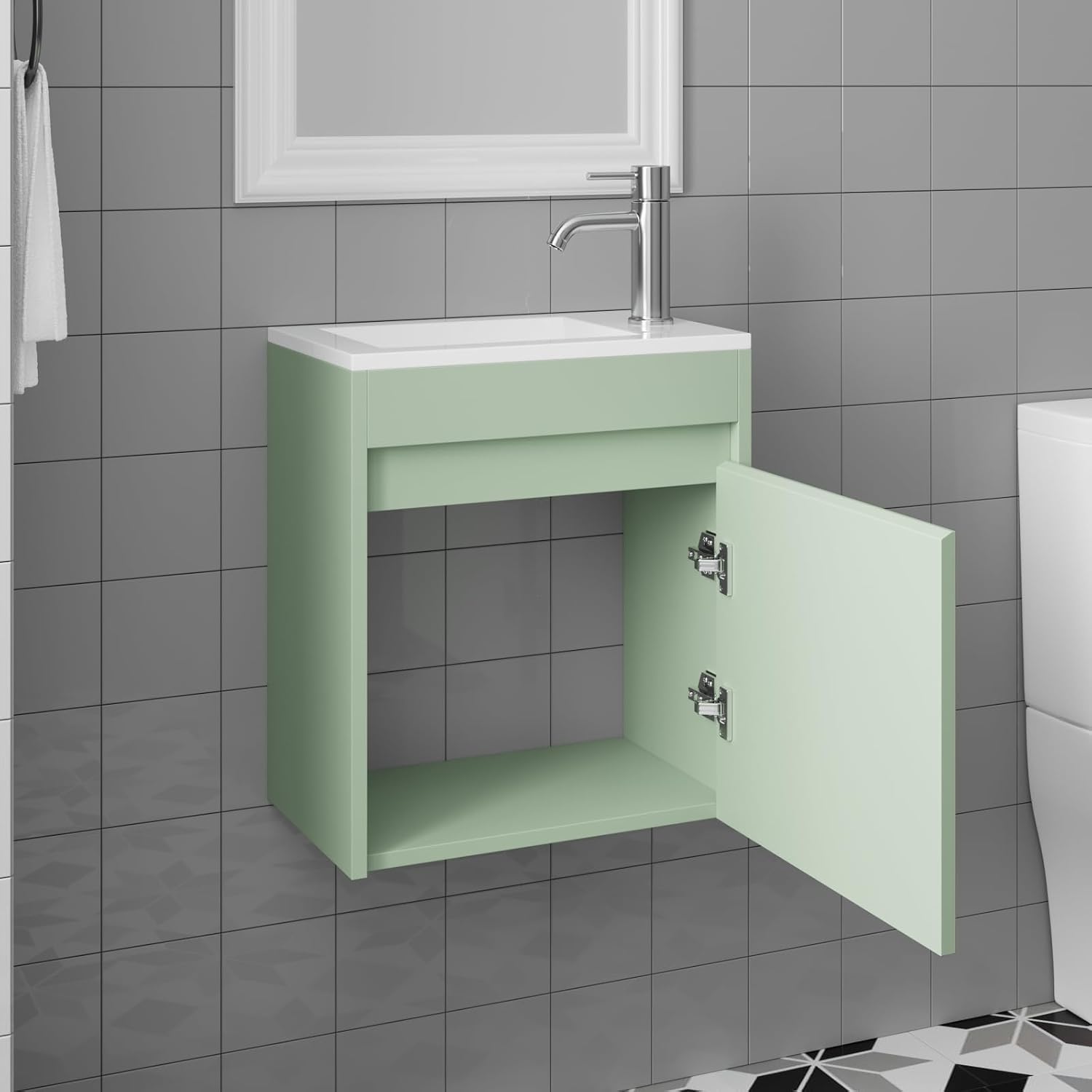 wonline 16' Small Floating Green Bathroom Vanity Sink Combo, Wall Mounted Narrow Single Cabinet with Resin Basin Sink Top, Water Saving Chrome Faucet & Pop-Up Drain