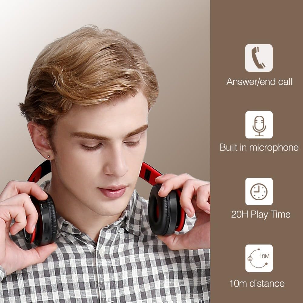 Bluetooth Headphones, Chat- Comfortable Over Ear Stereo Headphsets with Mic, Soft Earmuffs/Foldable/SD/TF, 20H Playtime, Great for Music/OFC/Tour/Gym/Game (10 pcs red Colors)