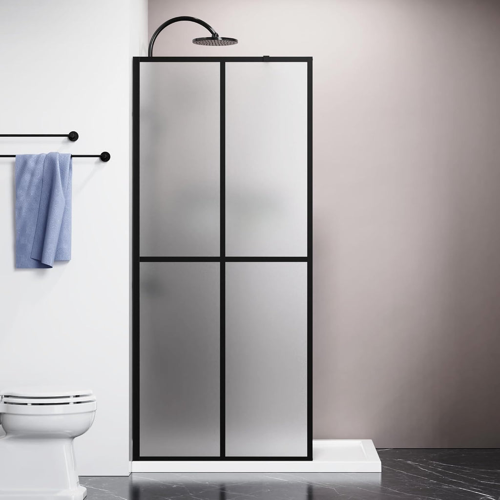Goodyo Glass Shower Door 34' x 72' Frosted Tempered Glass Panel Fixed Shower Screen for Walk-in Bathroom Matte Black Frame