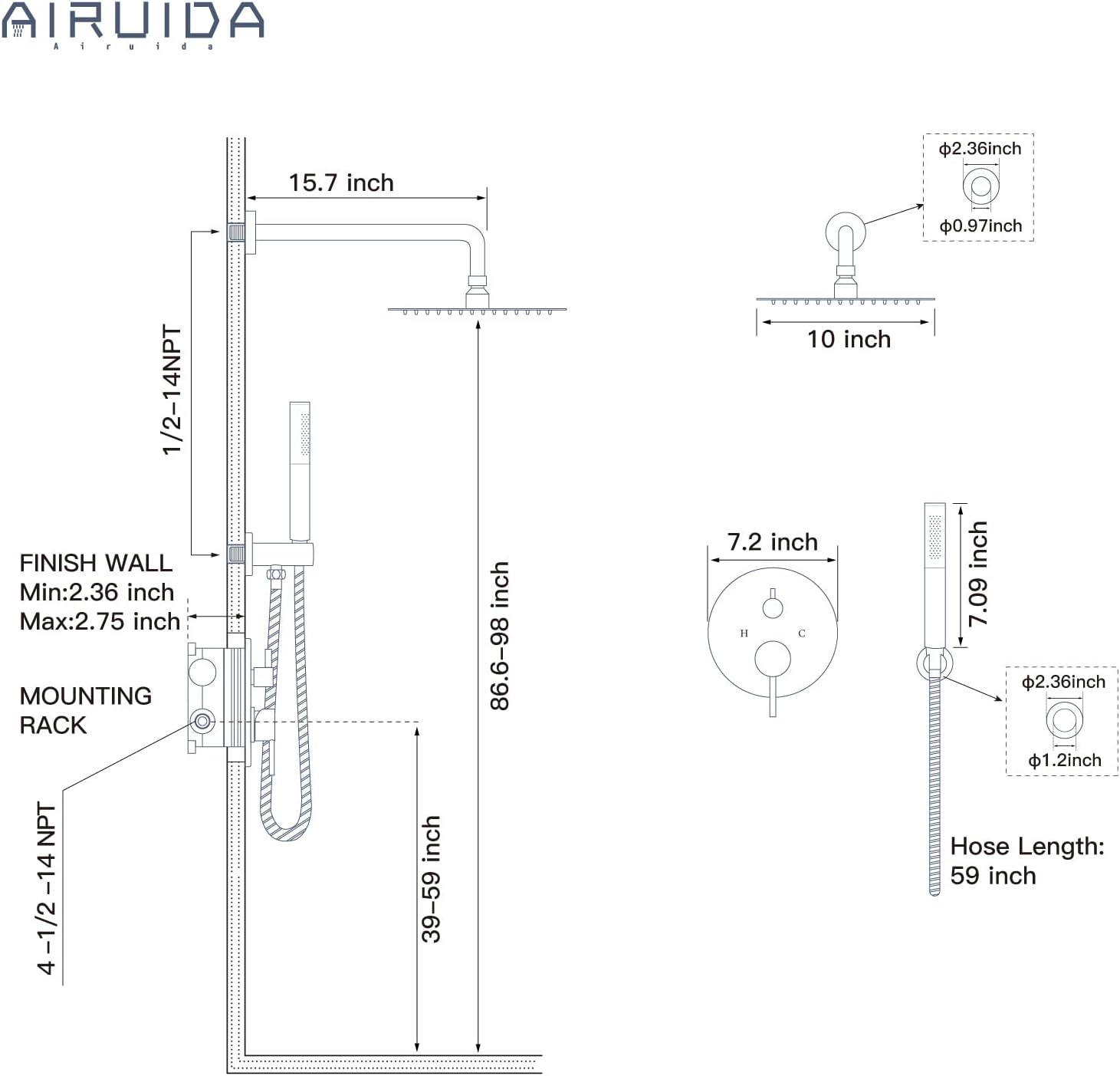 Airuida Shower Faucet Set, Bathtub Faucet Set with 10 Inch Rain Shower Head and Valve,2 Functions Tub Shower Faucet Set for Bathroom-Matte Black