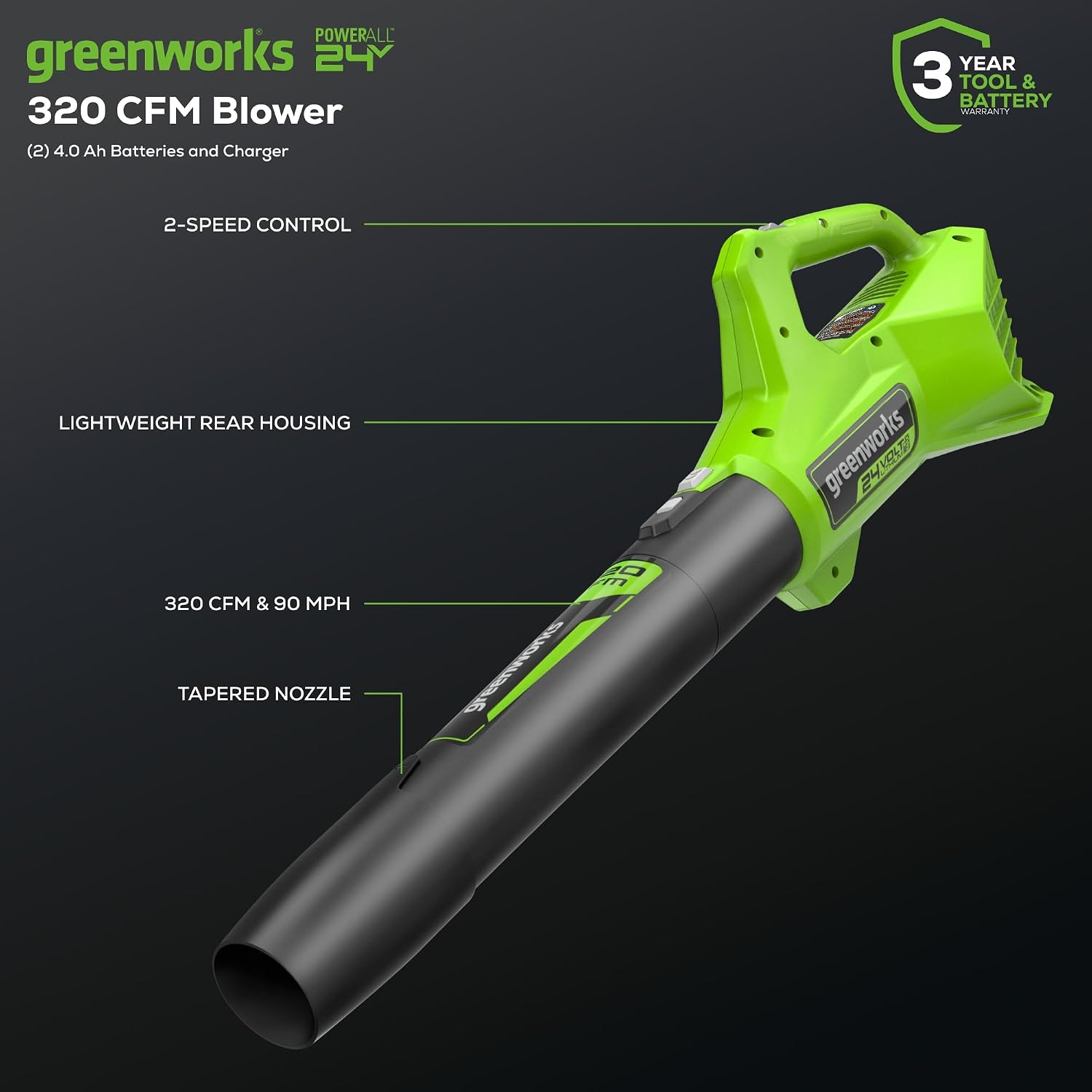 Greenworks 48V (24V x 2) 17' Brushless Mower+12' String Trimmer +320CFM Blower,(2) 4.0Ah Batteries and 2A Dual Port Charger