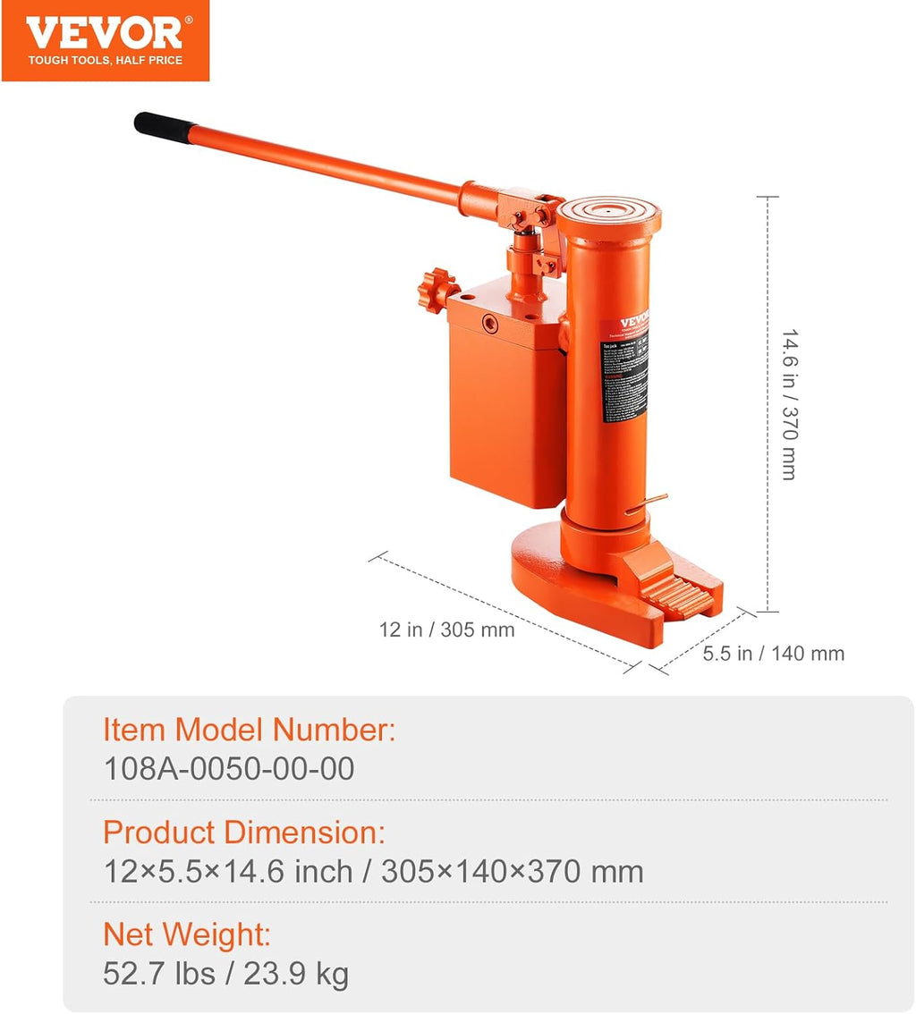 VEVOR Hydraulic Toe Jack, 5 Ton On Toe Toe Jack Lift, 10 Ton On Top Lift Capacity Machine Jack, 1.0-9.1 in Toe Height, 14.6-22.4 in Top Height, 360° Rotatable Claw Jack for Machinery, Industry