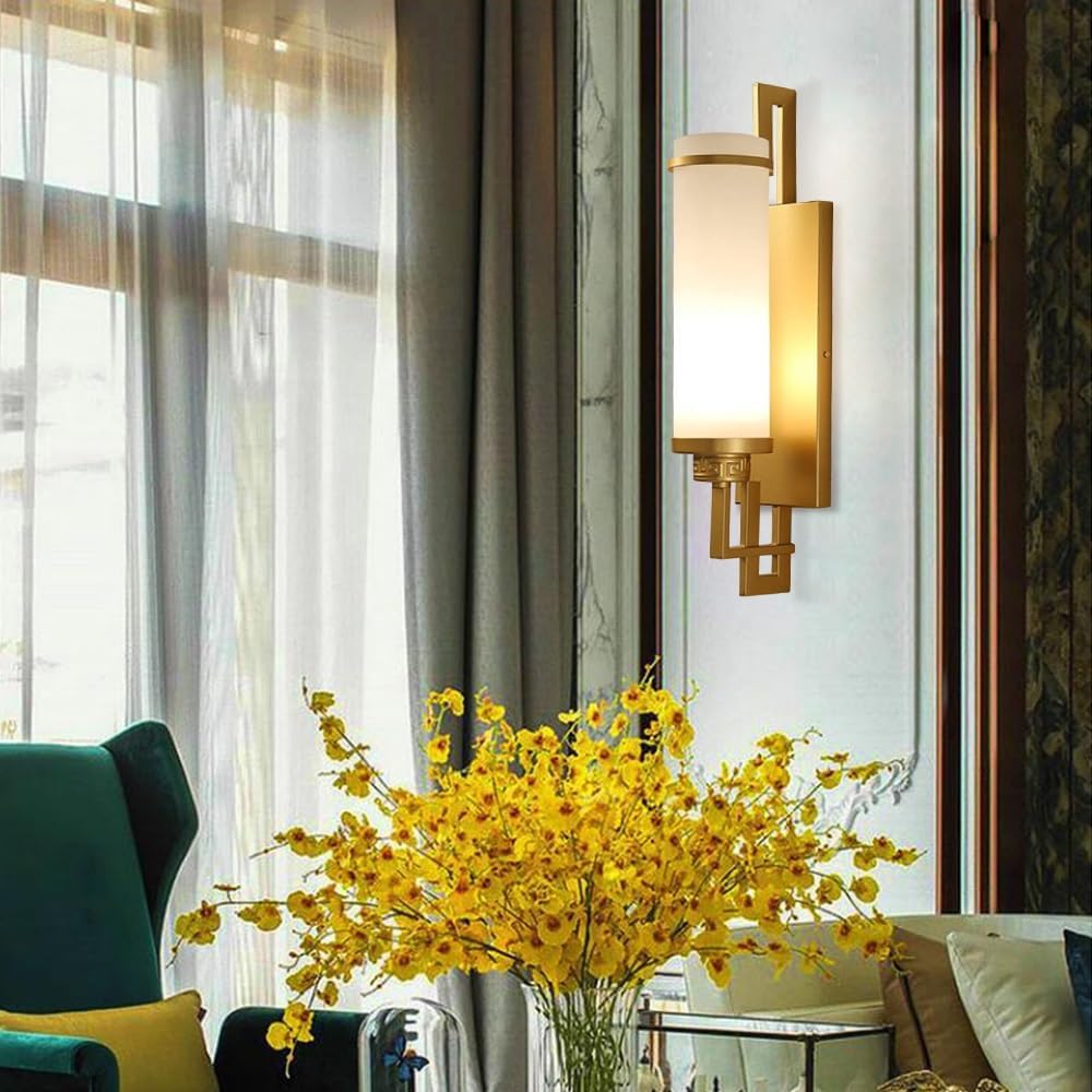 Antique Wrought Iron Wall Sconce with Cylinder Glass Shade, E27 Hardwired Fixture for Bedroom, Bathroom, and Entryway - T-155 Gold