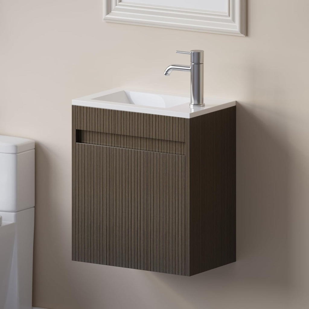 wonline 16' Small Bathroom Vanity Sink Combo Modern Wall Mounted Floating Cabinet W/Resin Basin Sink Top, Chrome Water Save Faucet & Pop Up Drain