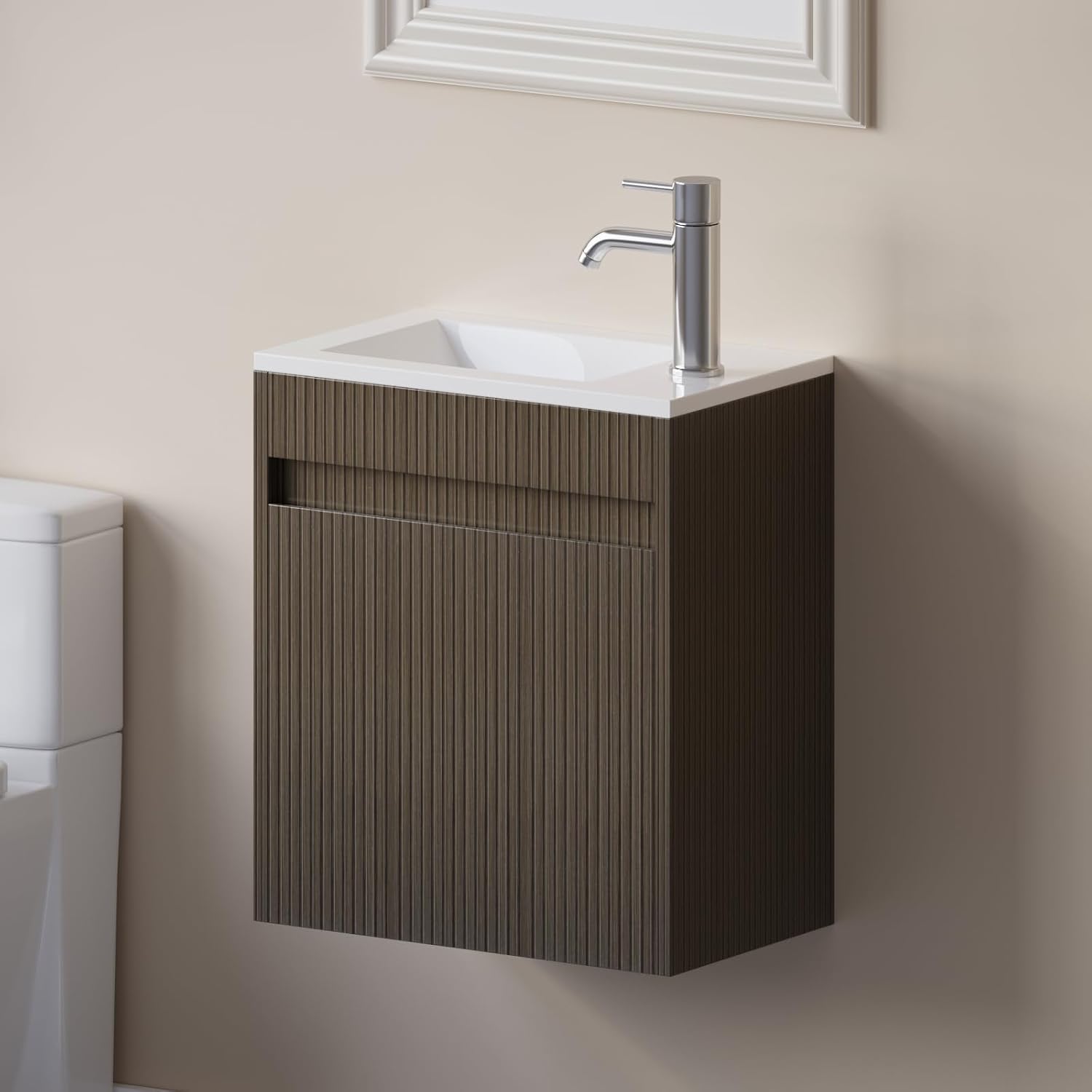 wonline 16' Small Bathroom Vanity Sink Combo Modern Wall Mounted Floating Cabinet W/Resin Basin Sink Top, Chrome Water Save Faucet & Pop Up Drain