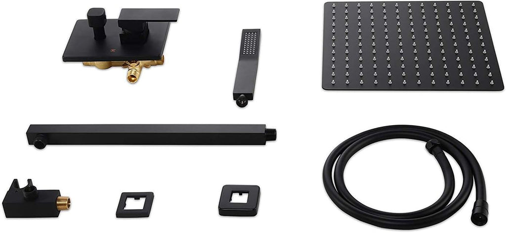 Shower Set Shower System, Wall Mounted Rain Shower Set 12' Square Shower Head Handheld Shower Modern Dual Function Shower Fixture for Bathroom, Solid Brass Matte Black Shower Set