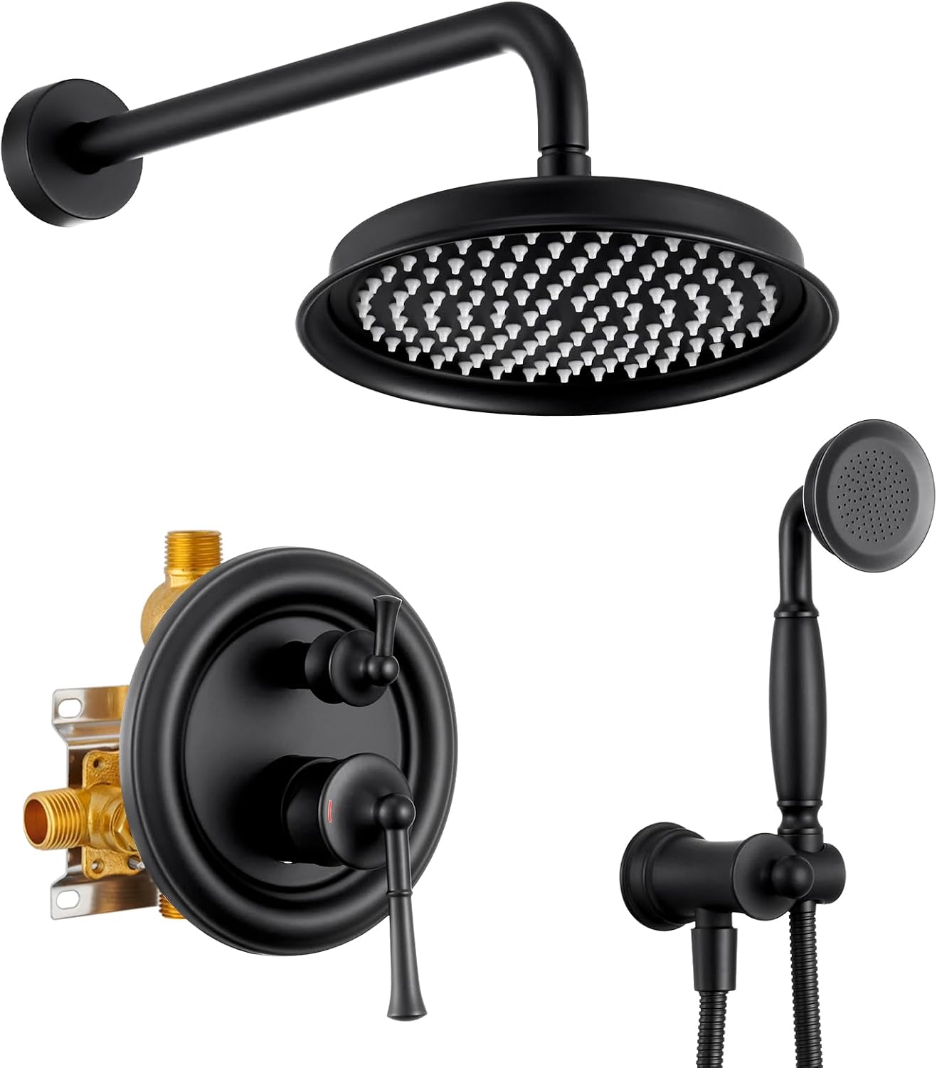 Antique Rain Shower Head with Handheld Spray, Matte Black Rain Shower System with Rough-in Balance Pressure Valve, 9 inch Bathroom Luxury Rain Fall Shower Head Wall Mount Round, (B2312-BK)