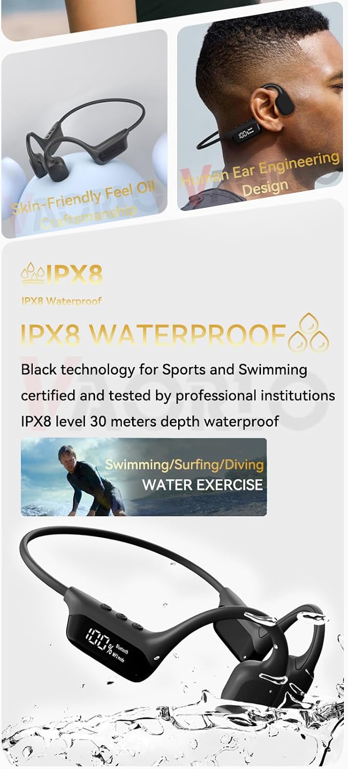 Open Ear Headphones IPX8 Waterproof Swimming Headphones Bone Conduction Earbuds Built in 32GB Memory Wireless Bluetooth 5.4 with Mic,Single Battery Life 10H Sport Earphones for Running,Cycling,White