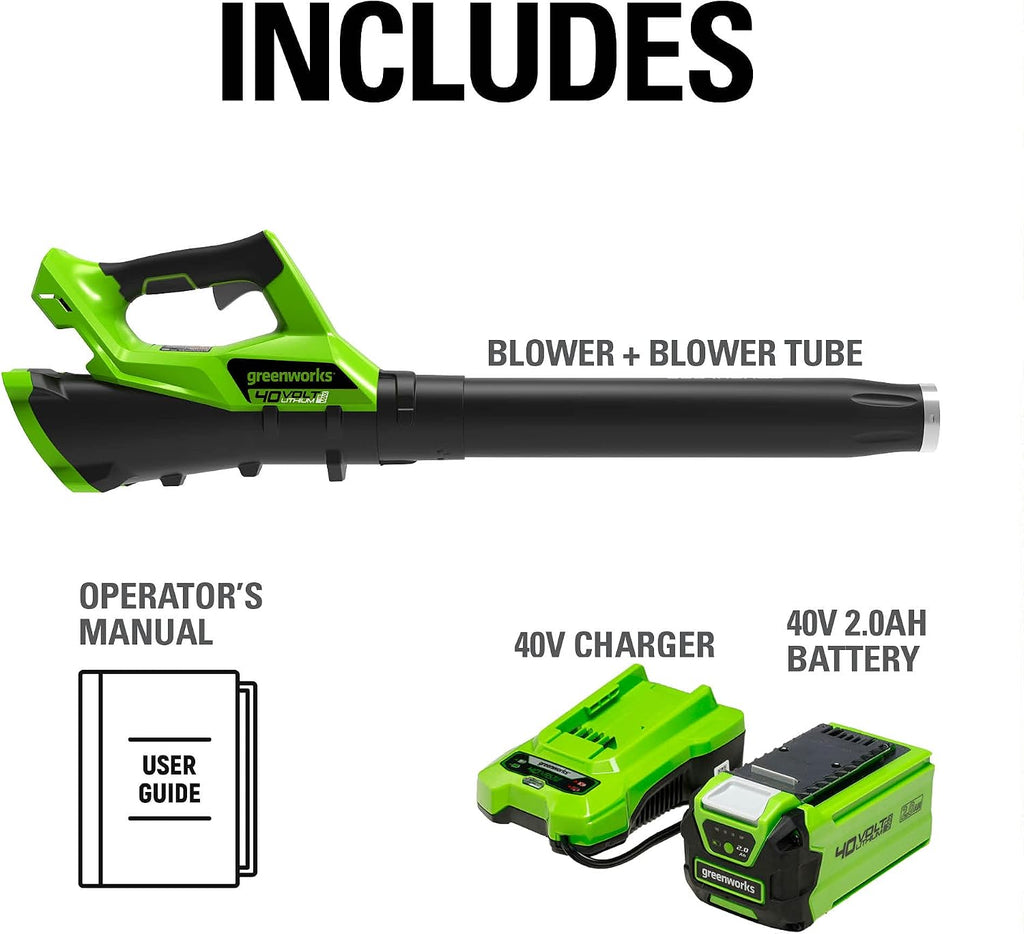 Greenworks 40V (115 MPH / 430 CFM) Brushless Axial Leaf Blower, 2.0Ah Battery and Charger Included
