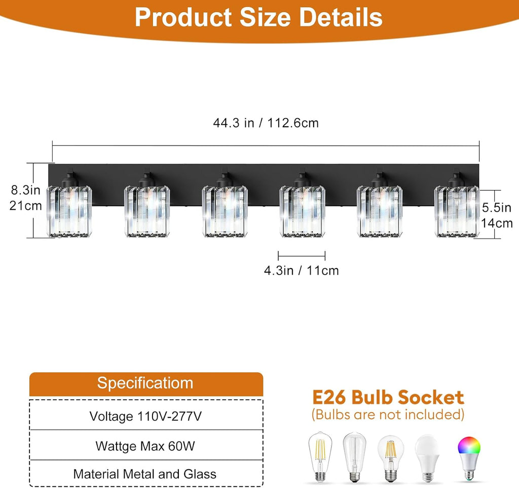 Black Crystal Bathroom Vanity Light, 6-Light Modern Bathroom Lighting Fixtures Over Mirror, Matte Black Wall Sconce Light Fixtures with Square Shade
