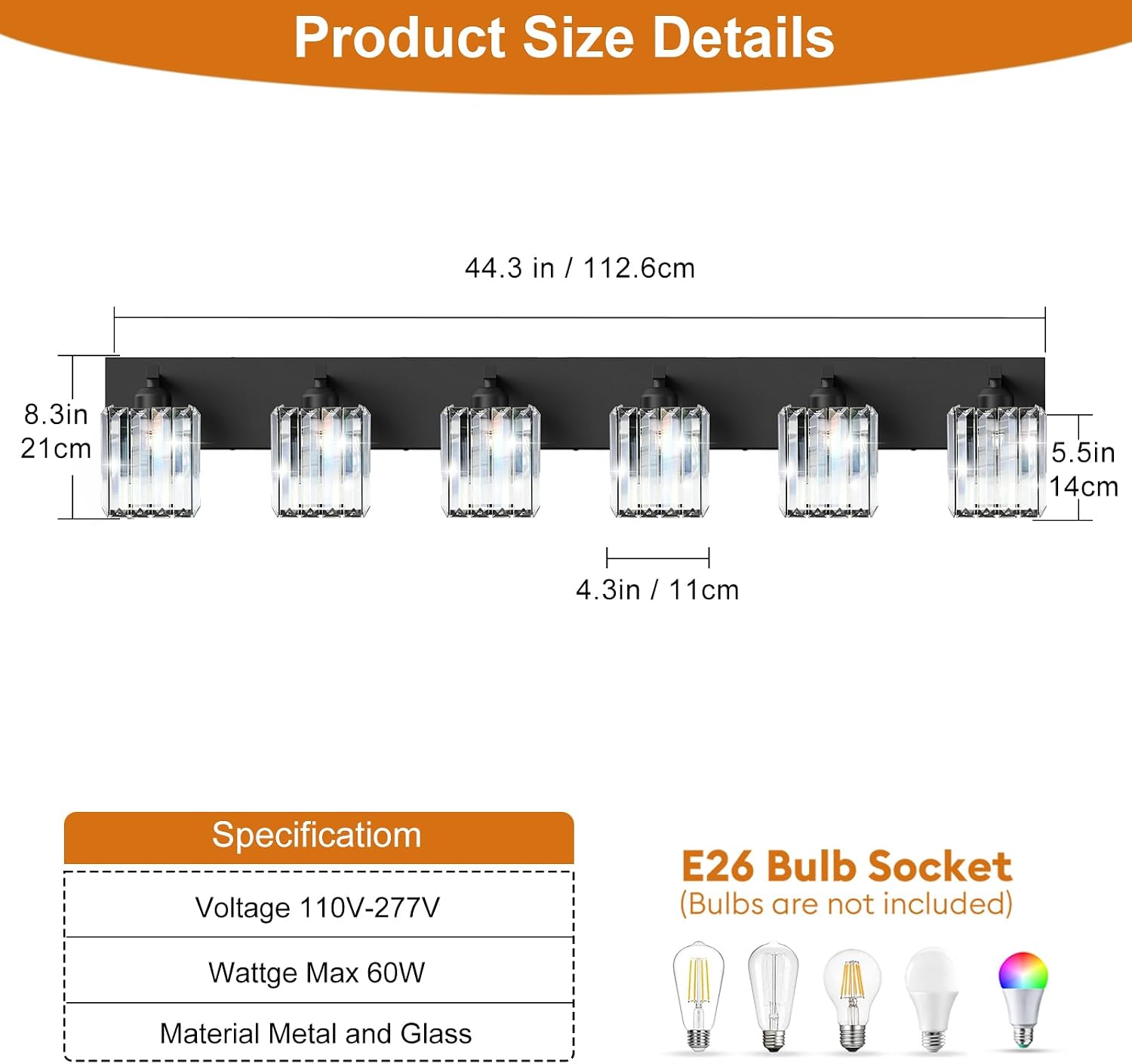 Black Crystal Bathroom Vanity Light, 6-Light Modern Bathroom Lighting Fixtures Over Mirror, Matte Black Wall Sconce Light Fixtures with Square Shade