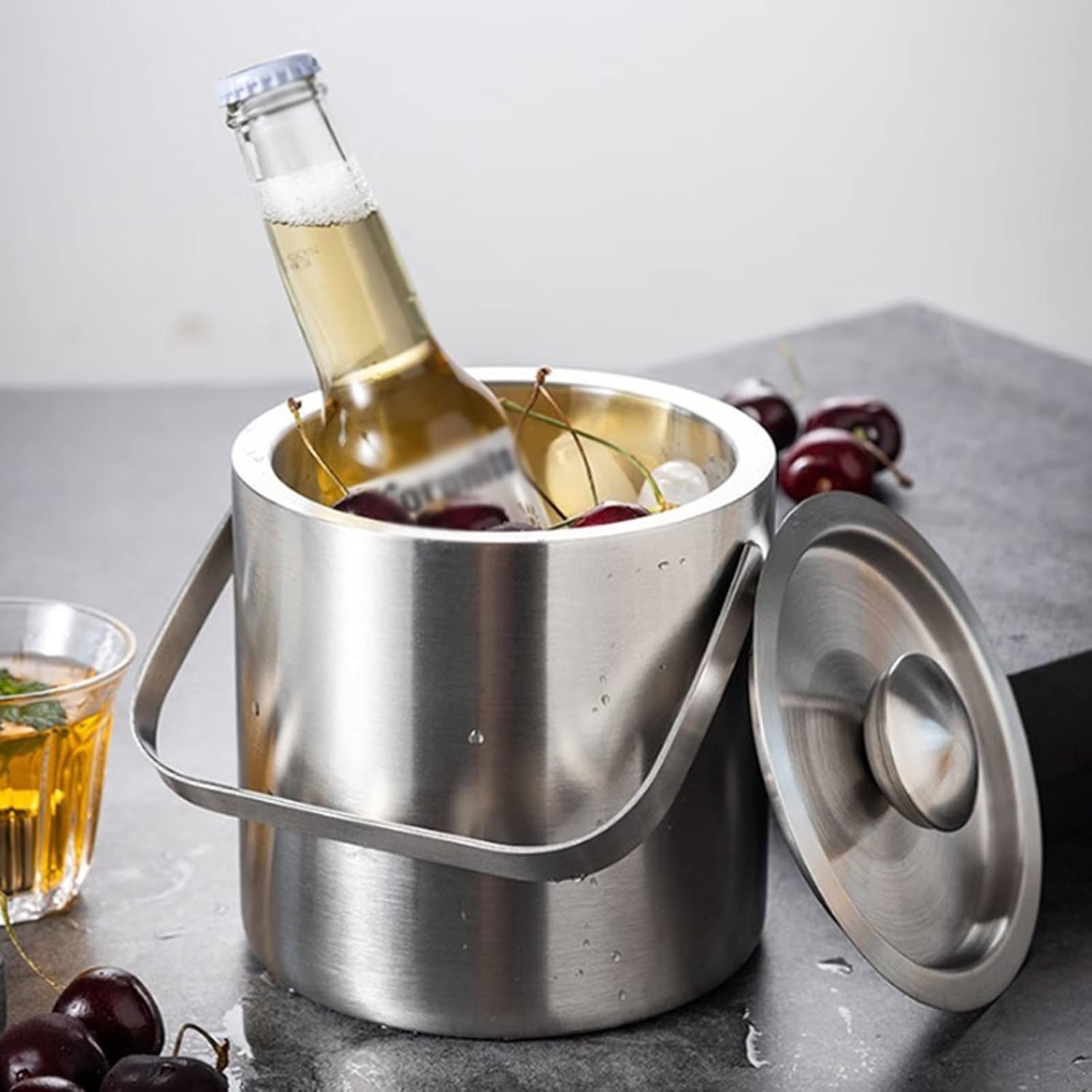 ice Bucket,Bucket with lid, Ice Buckets for Parties Metal Double Wall with Lid, 1.3L Stainless Steel Insulated for Cocktail Bar, Wine, Home Bar Accessories, Parties, Champagne Bucket Stainl