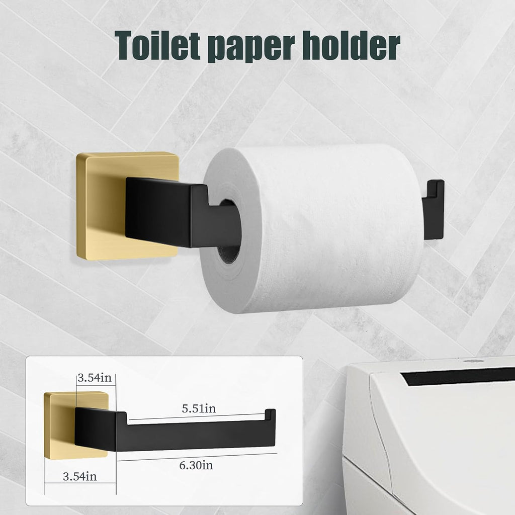 12 Piece Bathroom Hardware Set Black and Gold Square Bathroom Accessories - 2×23 Inch Towel bar, 1×16In Towel bar, 2 × Toilet Paper Holder(1 with Shelf), 2 × Hand Towel Rack and 5 × Towel Hook